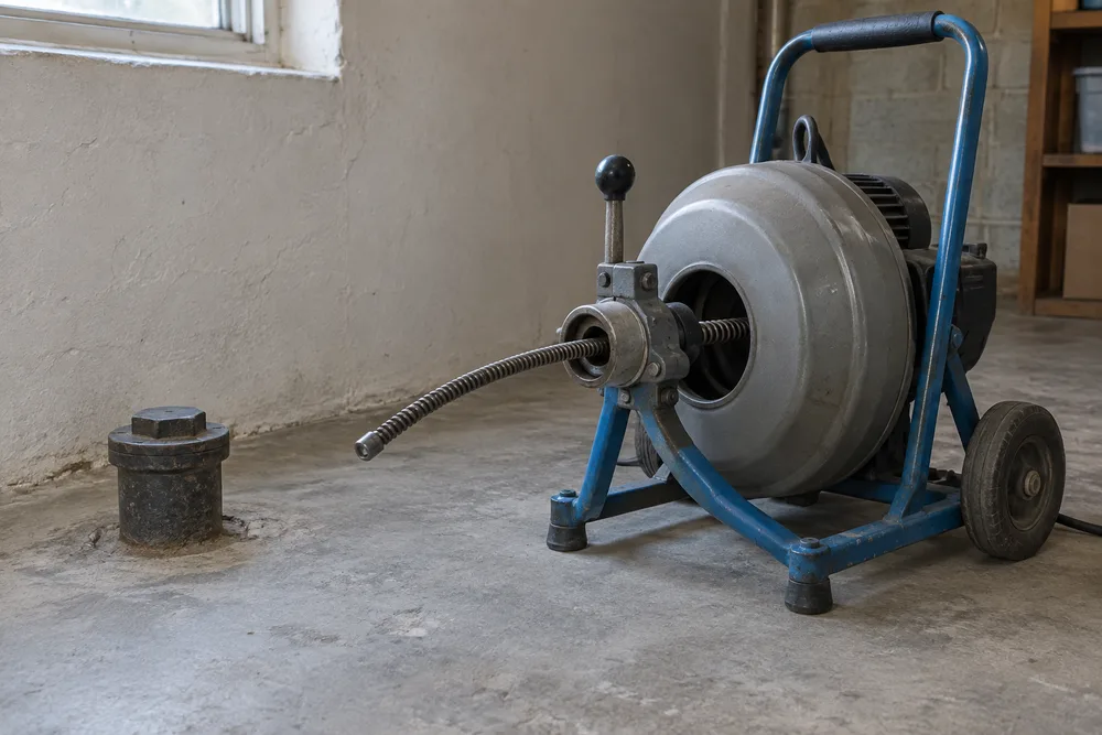 Blue-frame sewer rodding drum machine on a concrete utility-room floor